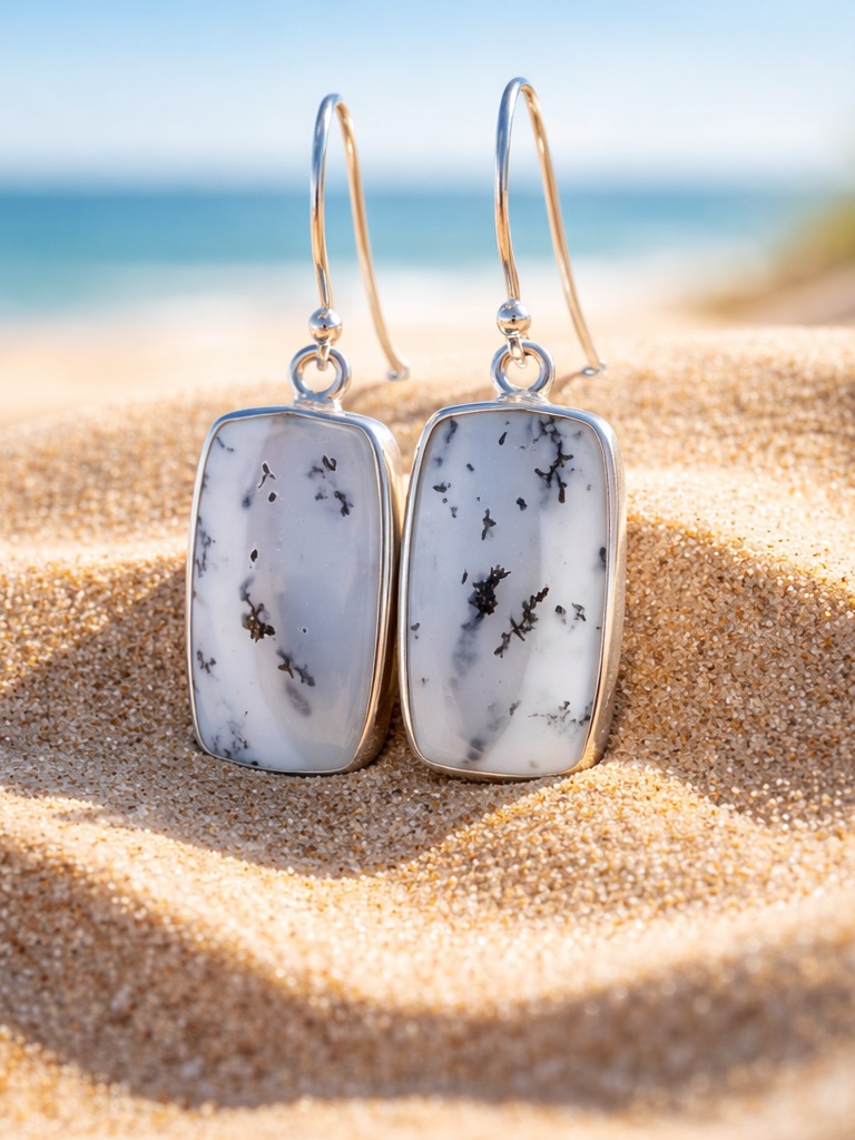 New! Merlinite Dendritic Opal Earrings